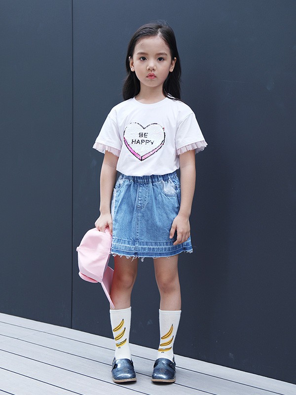 因否童装2021春夏季蓝色纯色短裙