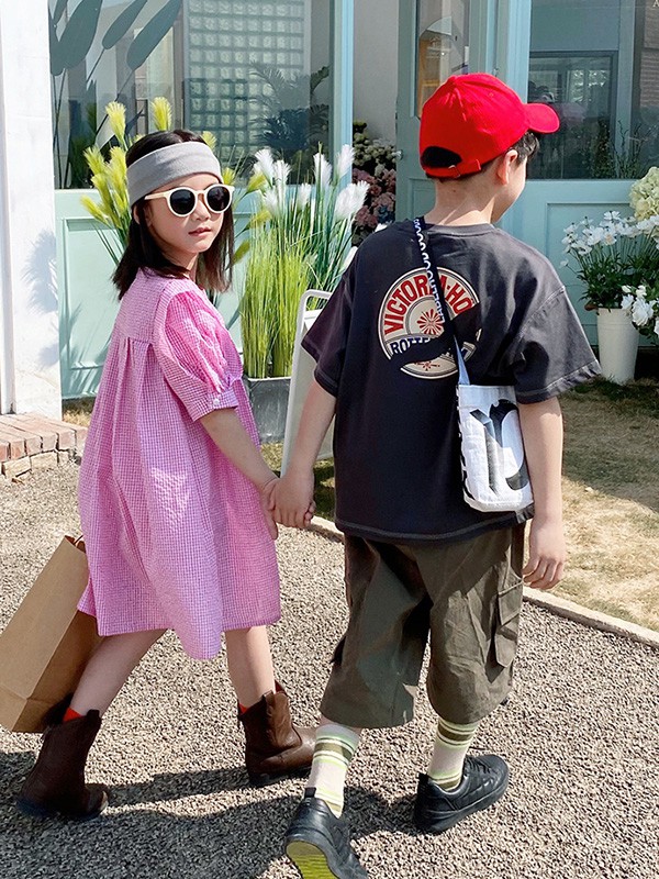 因否童装2021春夏季粉色格子连衣裙