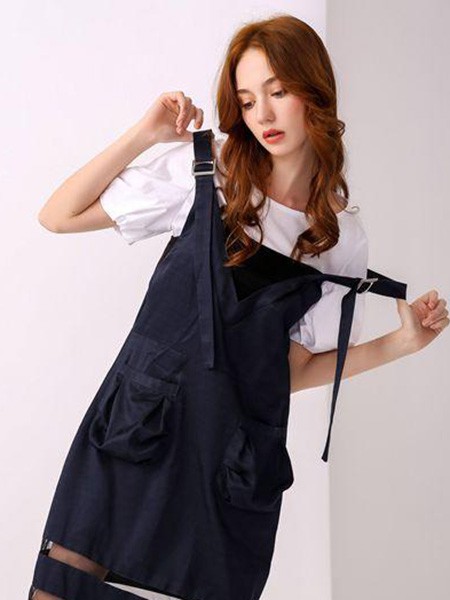 尚来2021春夏季藏蓝色拼接背带裤