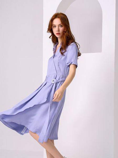 尚来女装2021春夏季紫色纯色连衣裙