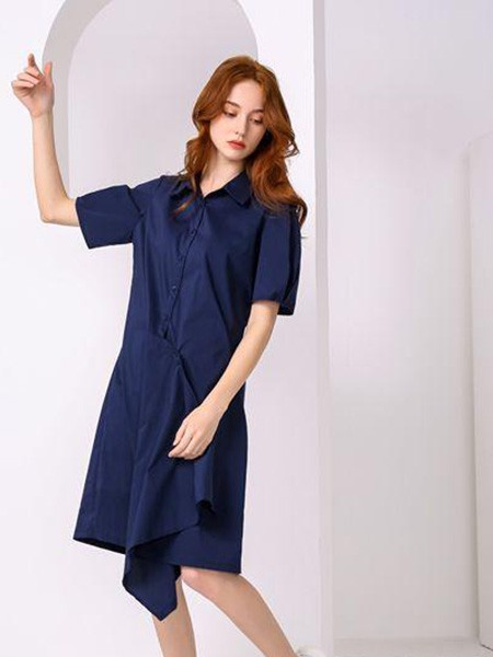 尚来女装2021春夏季藏蓝色不对称连衣裙