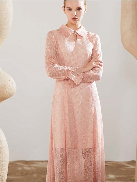 艺梦来女装2021春夏季粉色蕾丝连衣裙