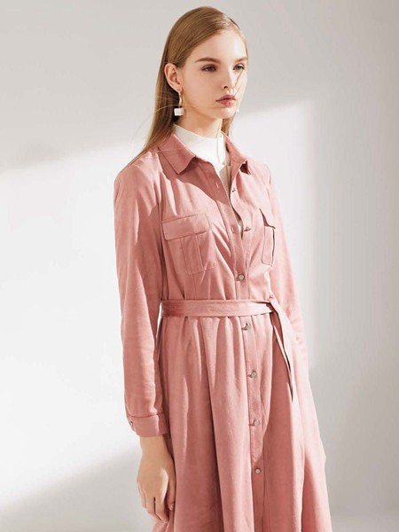 艺梦来女装2021春夏季橙色纯色衬衫裙