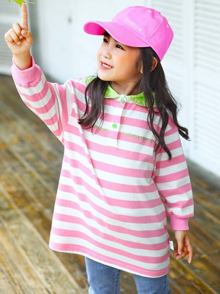 淘气贝贝童装2021春夏季粉色条纹T恤