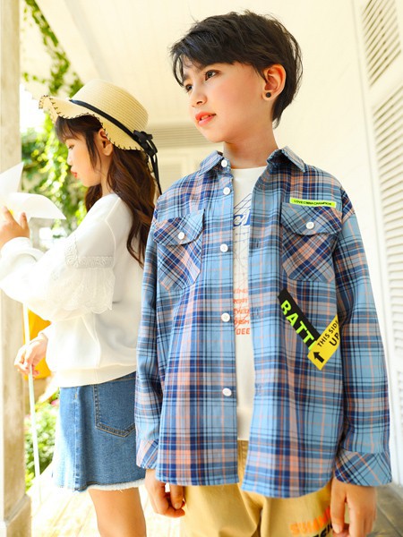 淘气贝贝童装2021春夏季蓝色格子衬衫