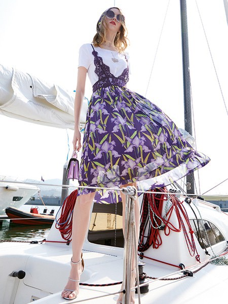 魅之女女装2021春夏季紫色印花吊带裙