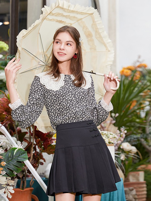 香影2021春夏季黑色波点雪纺衫