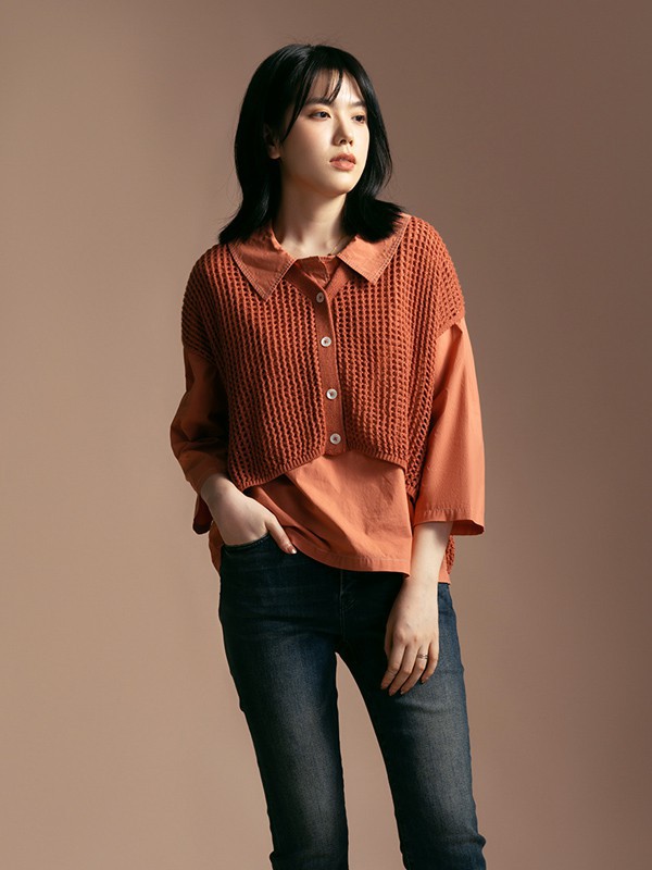 衣魔得思女装2021春夏季橙色纯色衬衫