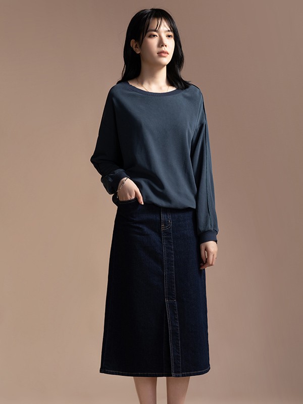 衣魔得思女装2021春夏季藏蓝色纯色半身裙