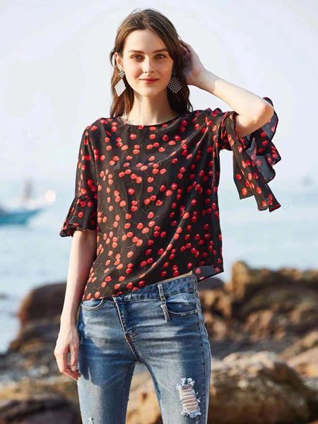 惠之良品女装2021春夏季黑色波点雪纺衫