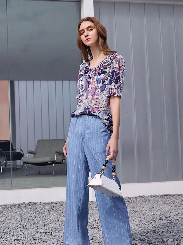 卡尼欧2021春夏季蓝色长款阔腿裤