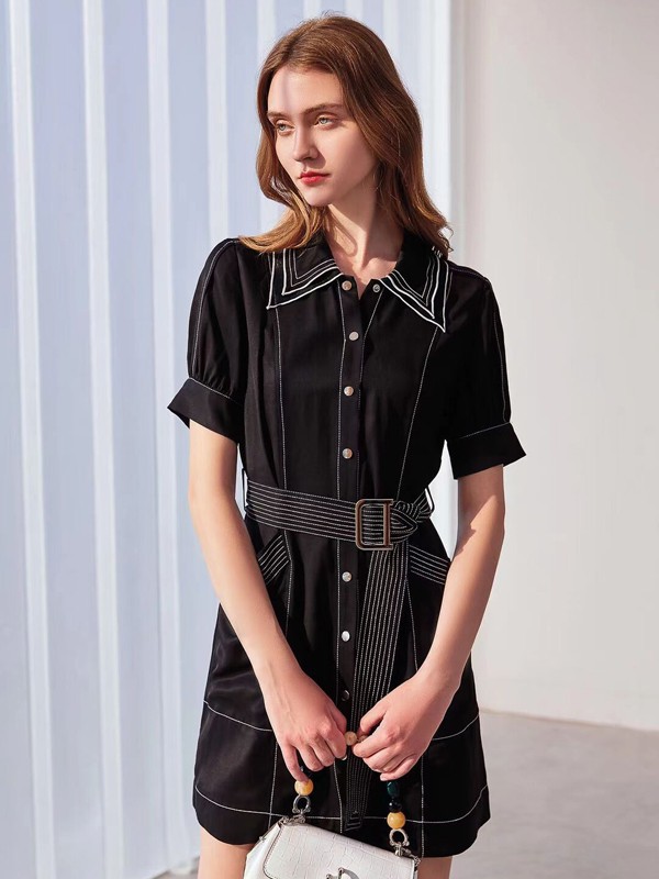 卡尼欧2021春夏季黑色纯色连衣裙