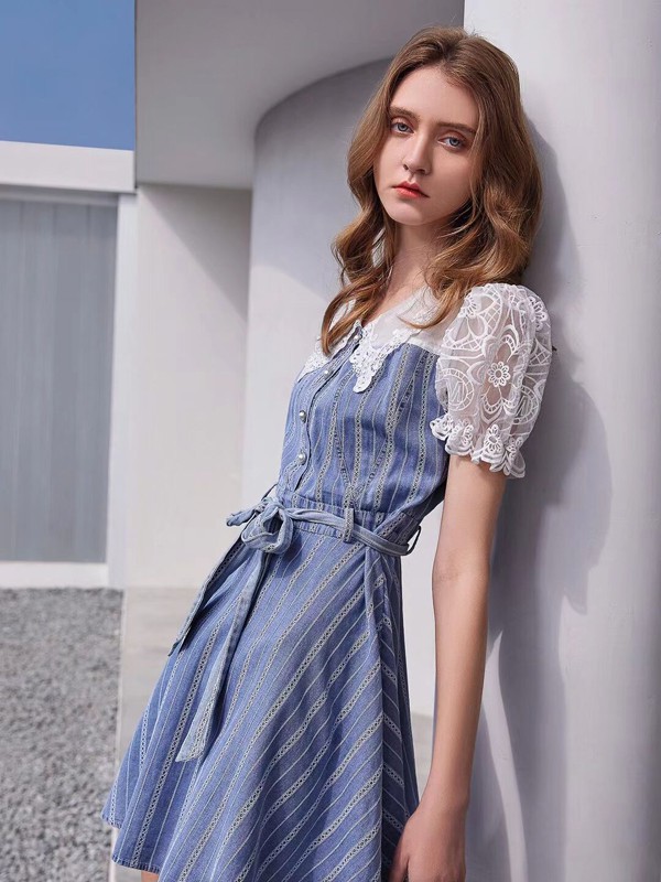 卡尼欧2021春夏季蓝色条纹吊带裙