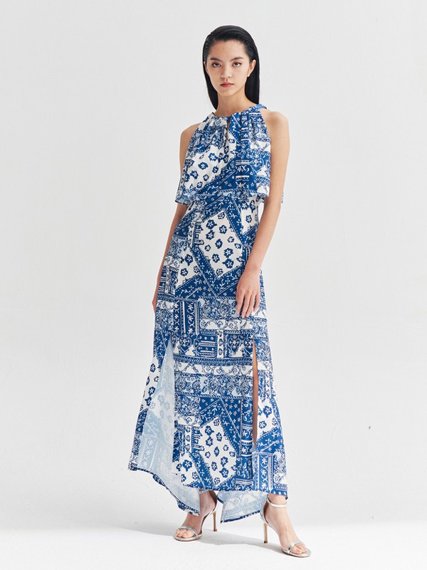 曼娅奴女装2021春夏季蓝色开叉连衣裙