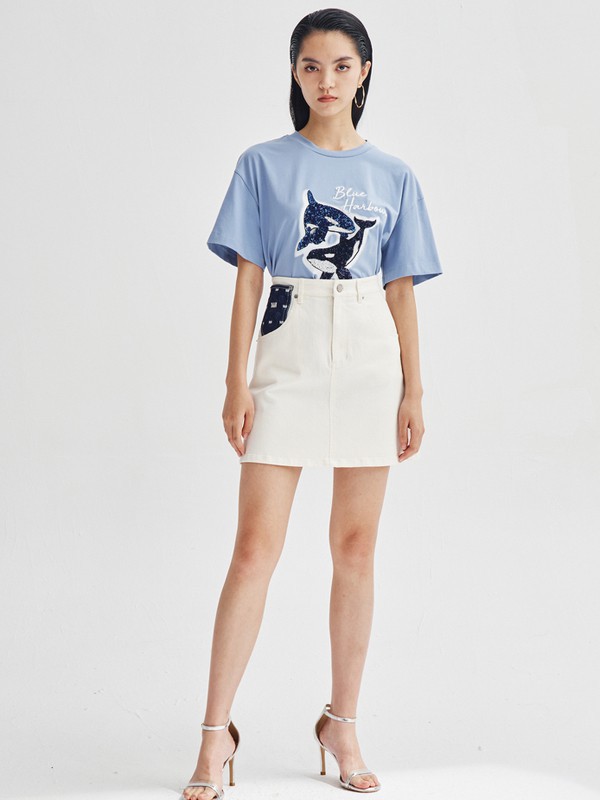 曼娅奴2021春夏季蓝色印花T恤