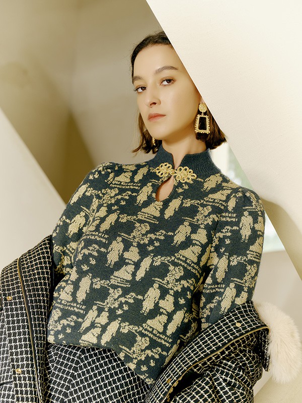 碧淑黛芙2021秋冬季墨绿色印花上衣