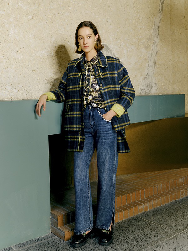 碧淑黛芙2021秋冬季黑色格子大衣