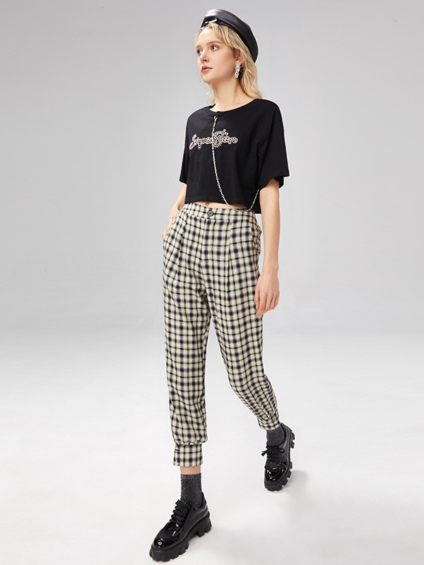 U2021春夏季白色格子长裤