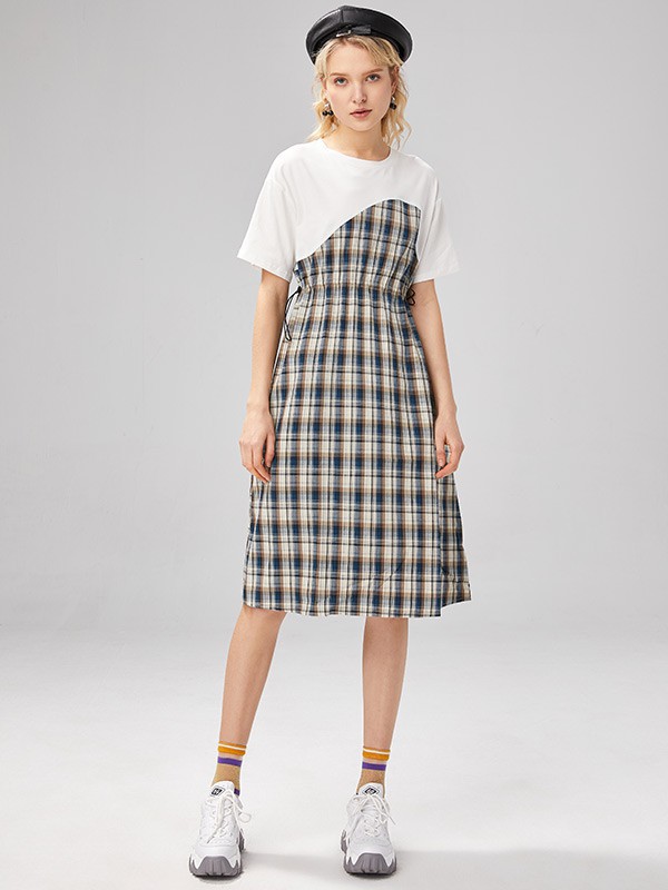 U2021春夏季白色格子连衣裙