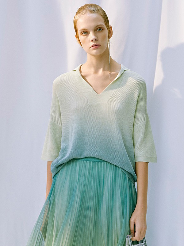 捷恩尼纳女装2021春夏季绿色撞色T恤