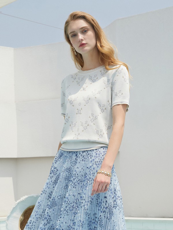 臣枫2021春夏季浅蓝色印花半身裙