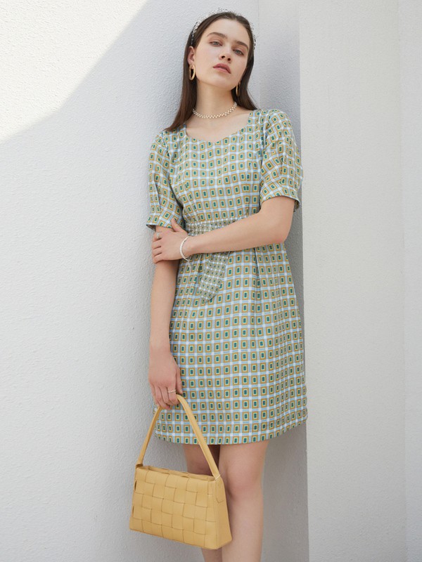 臣枫2021春夏季绿色格子连衣裙