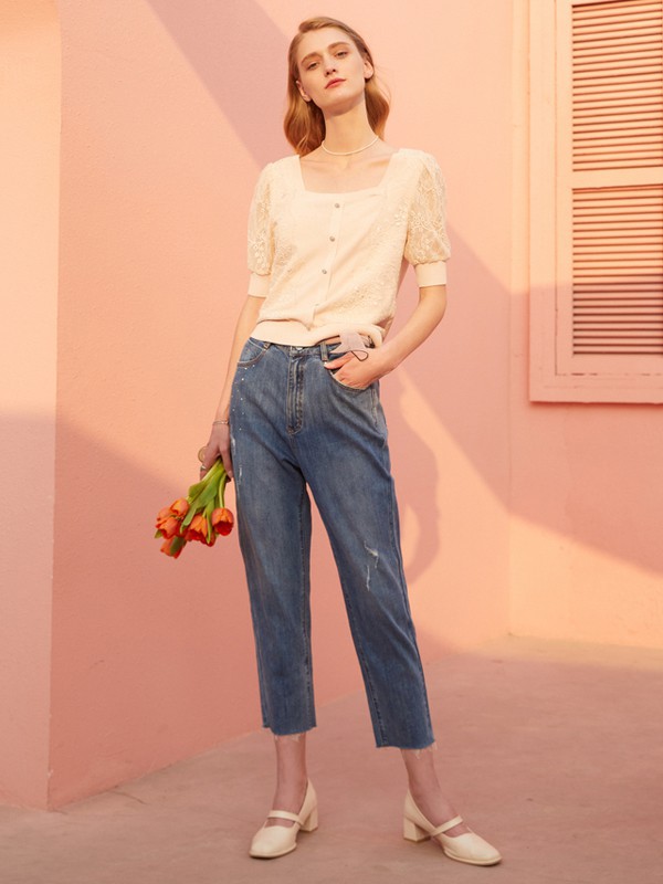 臣枫2021春夏季米色纯色针织衫