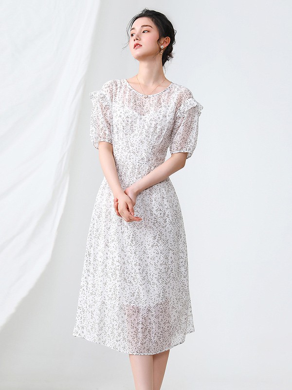 易菲2021春夏季白色波点连衣裙