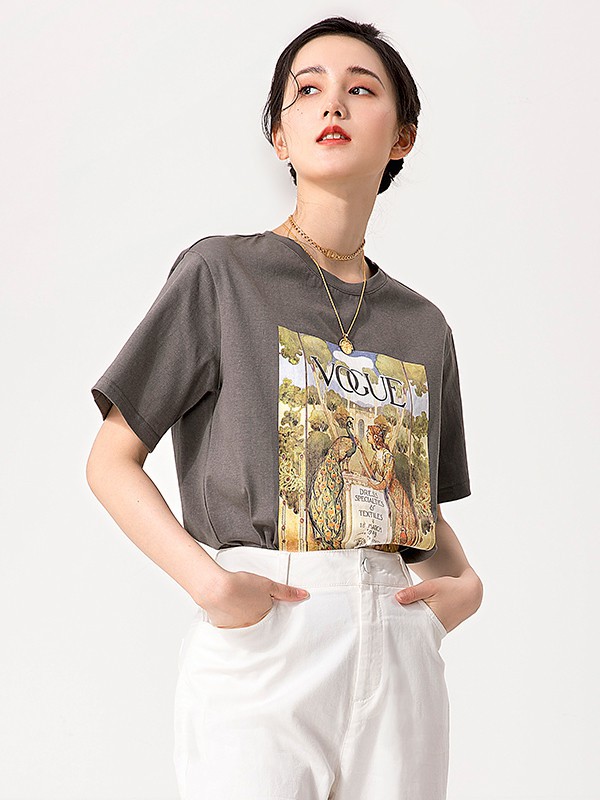 易菲2021春夏季灰色印花T恤