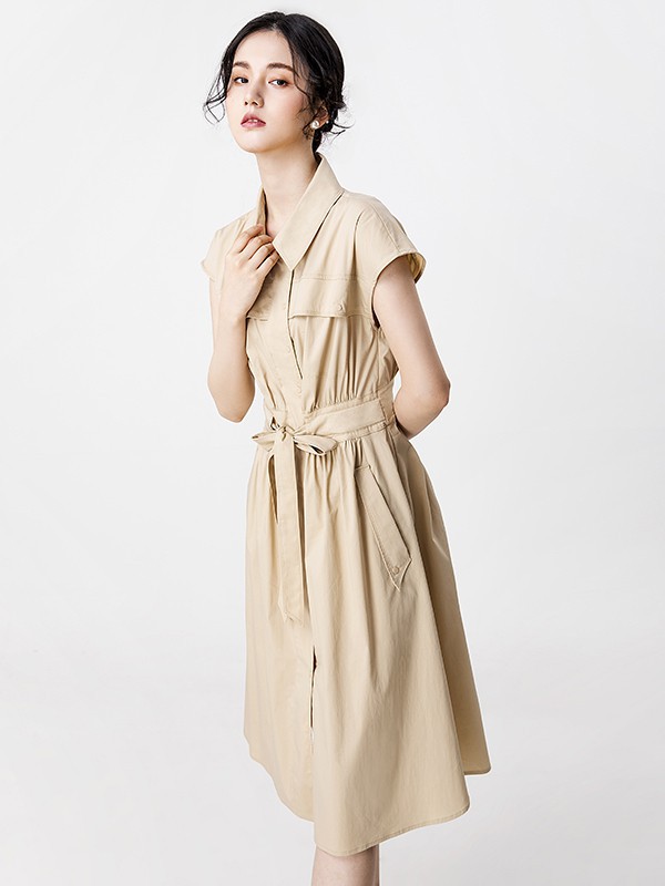 易菲2021春夏季卡其色纯色连衣裙