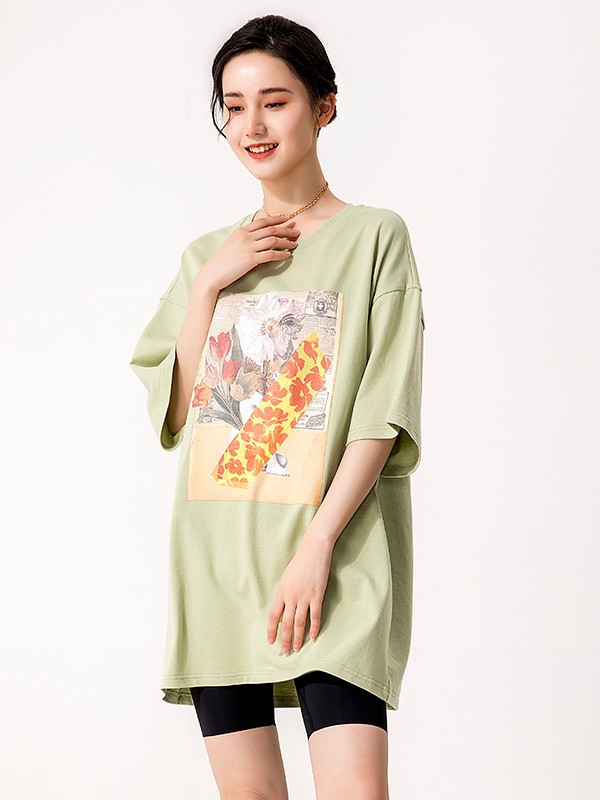 易菲2021春夏季绿色印花T恤