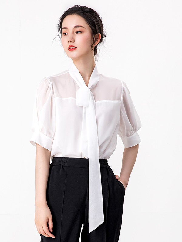 易菲2021春夏季白色纯色雪纺衫