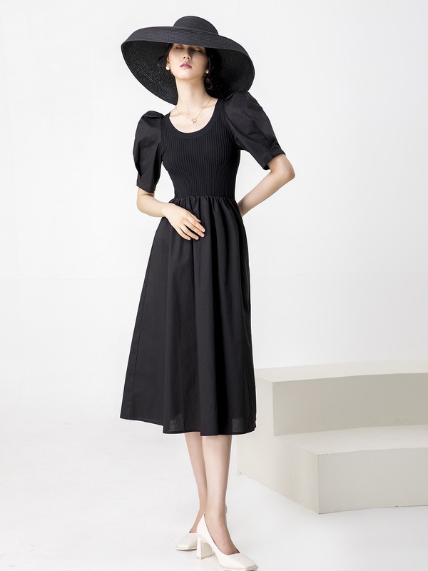 易菲2021春夏季黑色收腰连衣裙