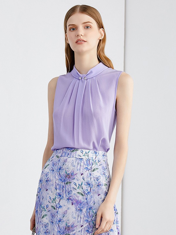 奥菲曼2021春夏季紫色纯色雪纺衫