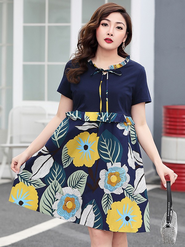 女权贵族女装2021春夏季藏蓝色印花连衣裙