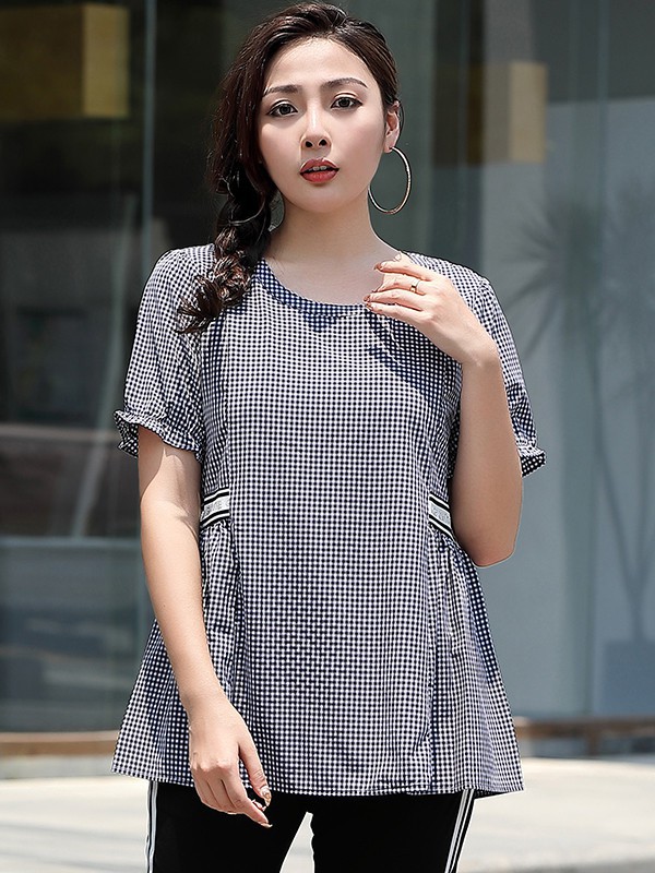 女权贵族女装2021春夏季灰色格子上衣