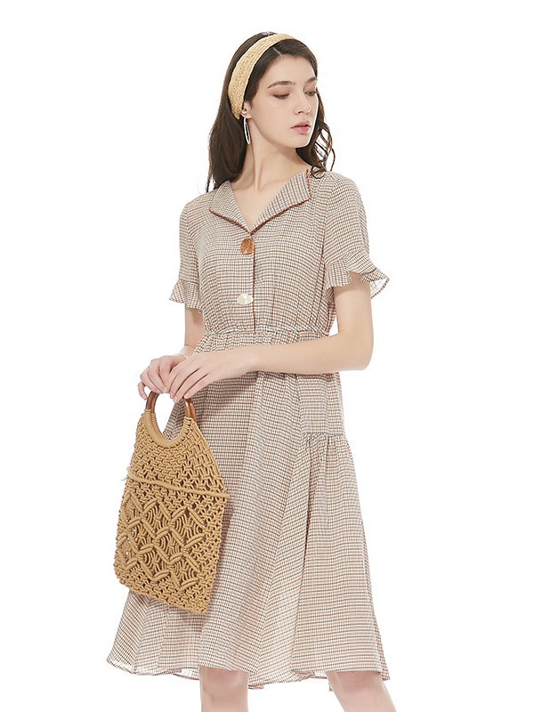 索玛2021春夏季棕色格子连衣裙