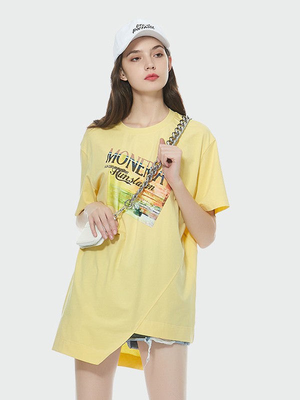 索玛2021春夏季黄色印花T恤