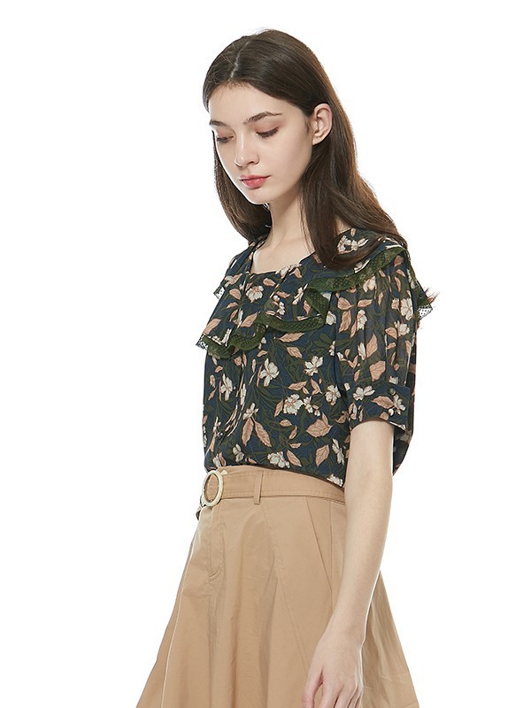 索玛2021春夏季墨绿色印花雪纺衫