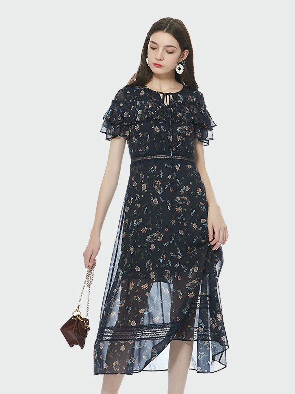 索玛女装2021春夏季黑色印花连衣裙