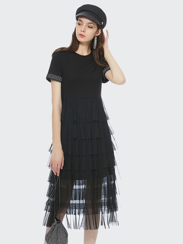 索玛女装2021春夏季黑色纱网连衣裙