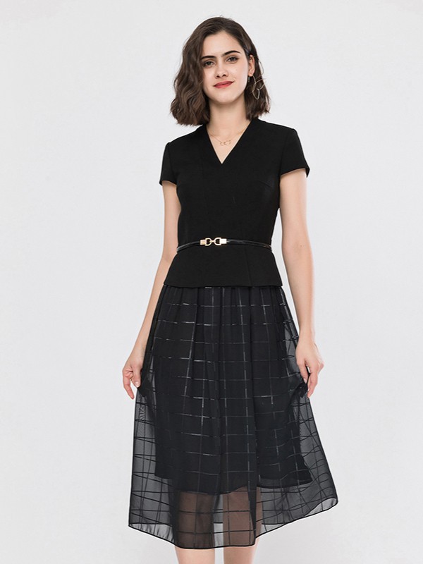 名师路2021春夏季黑色拼接连衣裙