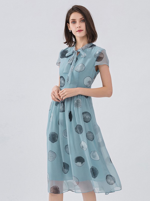 名师路2021春夏季蓝色印花连衣裙