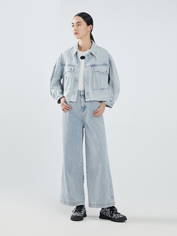 播女装2021春夏季浅蓝色纯色阔腿裤