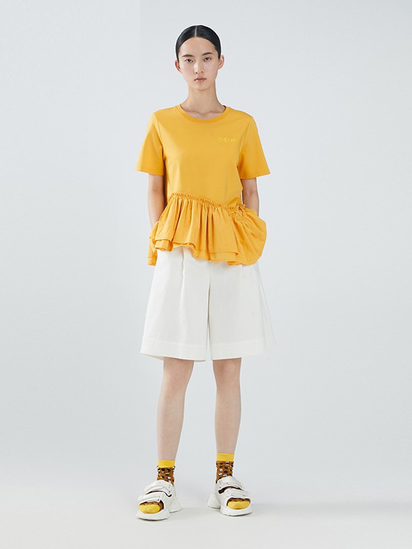 播女装2021春夏季黄色格子T恤