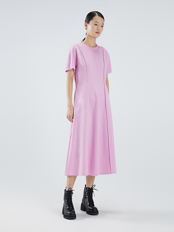 播女装2021春夏季粉色长款连衣裙