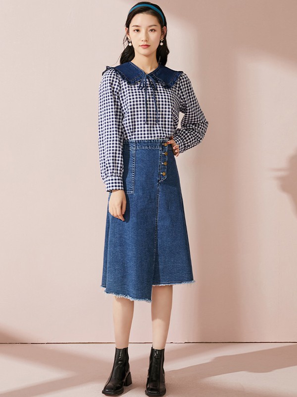 金苑2021春夏季藏蓝色不对称半身裙