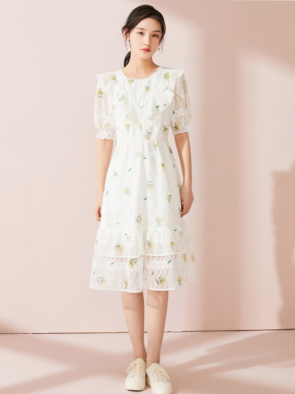 金苑2021春夏季白色印花连衣裙