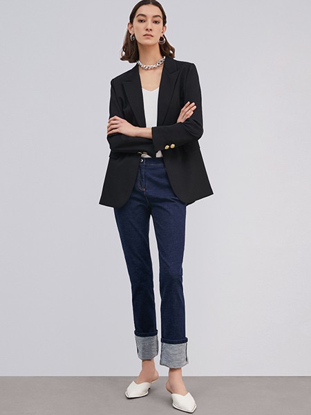 纬漫纪2021春夏季藏蓝色纯色长裤