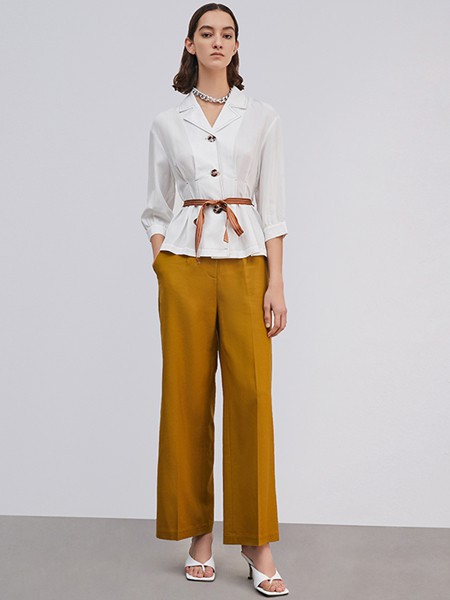 爱特爱女装2021春夏季黄色纯色阔腿裤